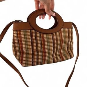 Fossil brown + tan striped handbag with‎ funky handle and strap